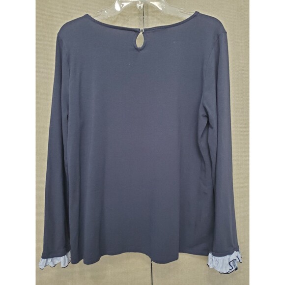 Talbots Cotton Blend Blue Keyhole Back Long Sleeve T-Shirt with Ruffle Detail L - Picture 5 of 6